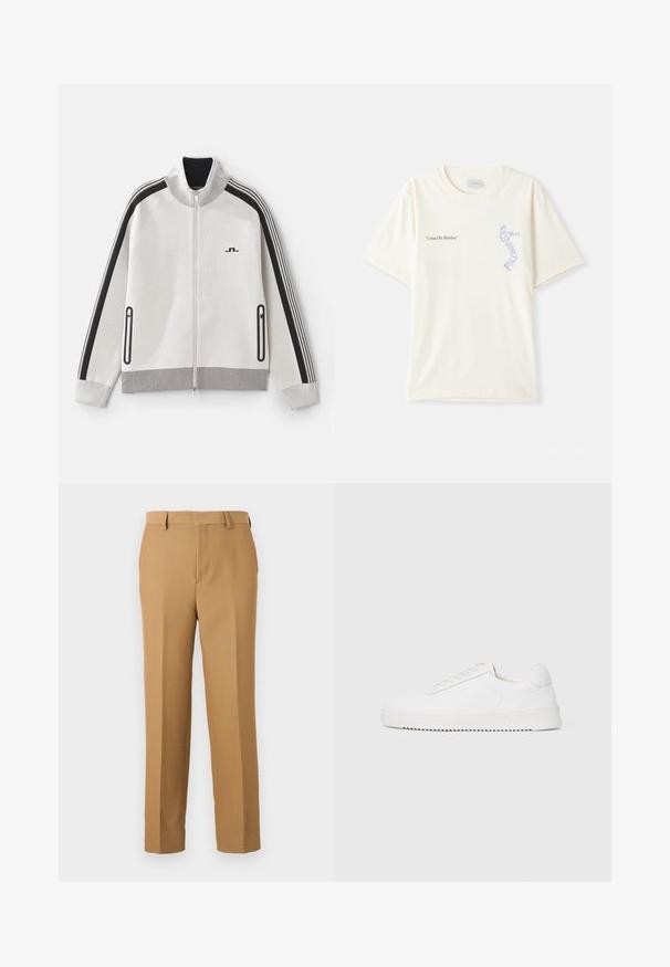 Lys grå hettejakke med svarte detaljer. Har ribbet krage, stripete ermer, og to glidelåslommer på siden; teksturert stoff.; Hvit bomull t-skjorte med korte ermer, med teksten "United By Rhythm" i svart og blå grafikk på brystet. Rund halsdesign.; Beige dressbukser laget avvevd stoff, med rett snitt, flat front og beltehemper. Glatt tekstur uten synlige mønstre.; Hvit sneaker med en glatt skinnoverdel, avrundet tå, snøring, teksturerte sideakenter og en tykkgummisåle. Minimalistisk design.