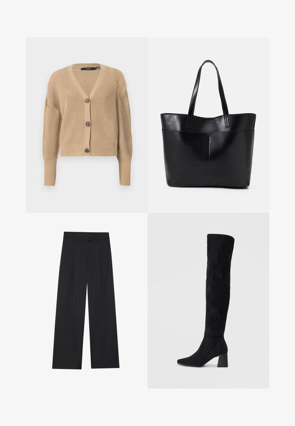 Beež lõngakootud kardigan V-kaelusega, üle suurte varrukatega ja viie nööbiga ees. Omab soonikotsasid ja tekstuurset kangast.; Mustsärgid musta tooniga, pika varrukaga, flöödid käised, pehme tekstuur ja vabalt langev lõige, lihtsa ümaraga kaelusega.; Musta laiuseelkätke, millel on sile tekstuur, kaks eesmist voltimist, vöökoht ja nähtamatu riistvara ning taskuteta.; Must must ümberpööratud musta nahast põlve kõrgune saapad blokknõelaga, terava varbaga ja sujuva, õmblusteta disainiga, asetatud heledale taustale.; Must mustaga musta nahast, millel on kaks pikka kanda, sile tekstuur ja struktureeritud kuju. Esipoolsel on lisakoti jaoks tasku.