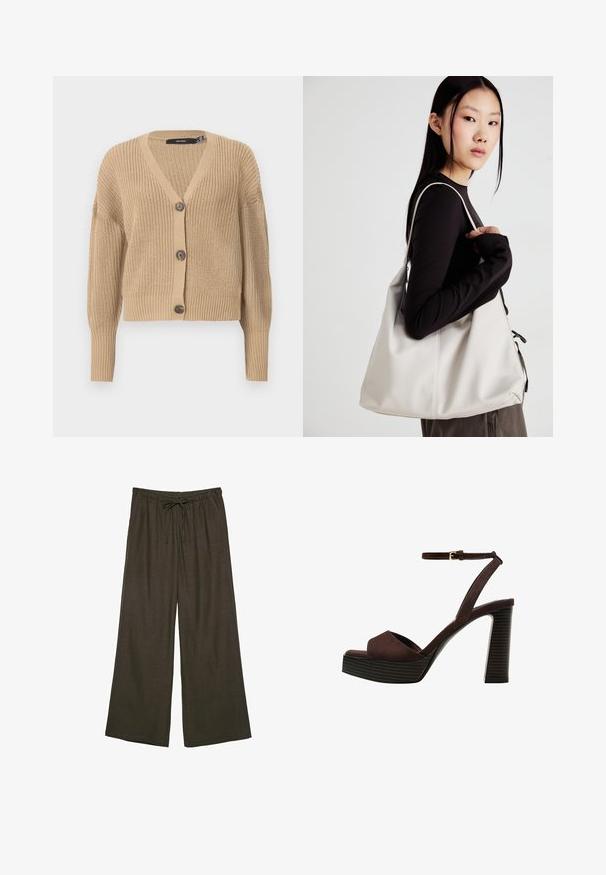 Beige strikket cardigan med V-hals, oversized ærmer og fem knapper ned langs fronten. Har ribbede manchetter og et struktureret stof.; Brun kortærmet t-shirt lavet af blødt stof, med rund halsudskæring og afslappet pasform. Ingen synlige mønstre eller detaljer.; Mørkebrune bukser med brede ben, elastisk talje og justerbar snor. Fremstillet af et blødt, let stof.; Brune ruskinds højhælede sandal med åben tå, justerbar ankelrem og en stribet plade sål.; Beige håndtaske lavet af blødt materiale med et slouchy design, stikninger og to skulderremme. Velegnet til daglig brug.