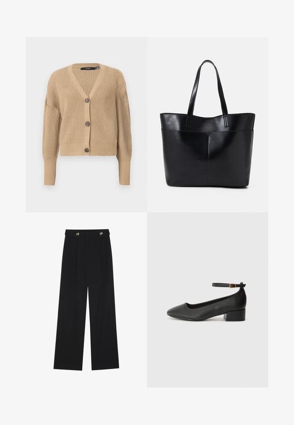 Cardigan bej tricotat, cu decolteu în V, mâneci supradimensionate și cinci nasturi pe față. Prezintă manșete din rib și un material texturat.; Două topuri fără mâneci, în culorile negru și alb. Fabricate dintr-un material moale și elastic, cu o textură ribbată și un design ajustat. Prezintă bretele înguste.; Pantaloni negri cu picioare largi, talie înaltă, detalii cu butoane pe talie și pliseuri în față.; Pantof cu toc negru din piele, cu vârf ascuțit și toc mic pătrat. Dispune de o curea la gleznă cu o cataramă în tonuri de aur. Textură netedă.; Geantă oversized din piele neagră, cu două mânere lungi, de textură netedă și formă structurată. Are un buzunar frontal pentru stocare suplimentară.