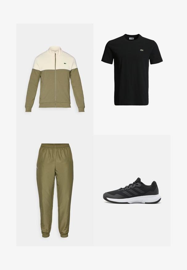 Olive spalvos zip-up striukė su balta viršutine dalimi, pagaminta iš minkštos medžiagos. Turi stovinčią apykaklę ir mažą siuvinėtą logotipą krūtinėje.; Juodas medvilninis marškinėliai su apvaliu kaklu, trumpomis rankovėmis ir mažu žaliu krokodilo logotipu kairėje krūtinės pusėje. Lygi tekstūra, kasdieniškas dizainas.; Alyvuogių spalvos sportiniai kelnės su elastinga juosta, siaurėjantys kulkšnys ir mažas logotipo detalė. Pagamintos iš lygios, lengvos medžiagos.; Juodas sportinis batelis su tekstūruota viršutine dalimi, trimis horizontaliomis juostelėmis ir baltu padu su raštuotu protektoriumi. Lengvas ir aerodinamiškas dizainas.