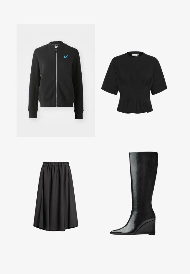 ASICS MATCH CAPSULE JACKET - Felpa con zip - performance black; Top nero a maniche corte con scollatura rotonda, caratterizzato da dettagli plissettati e un corpetto aderente che si allarga all'orlo. Realizzato in tessuto morbido.; Gonna nera midi realizzata in tessuto leggero e fluido, con vita elasticizzata e una leggera silhouette a A. Nessun motivo o accento visibile.; Stivali in pelle nera alti fino al ginocchio, con punta affilata e tacco a zeppa. La superficie è liscia con una finitura lucida.