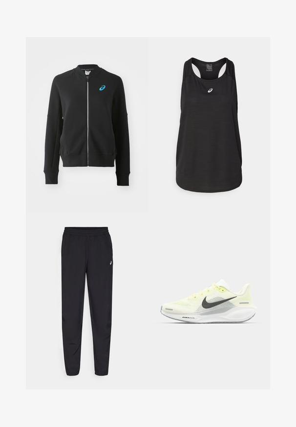 ASICS MATCH CAPSULE JACKET - Sweater met rits - performance black; Zwarte sportieve tanktop van lichtgewicht stof. Heeft een ronde halslijn, racerback ontwerp en een klein wit logo op de voorkant.; Zwarte sportbroek met een elastische tailleband, taps toelopende pijpen met boorden, gemaakt van een lichtgewicht, soepele stof, en een klein logo op de dij.; Nike hardloopschoenen met een lichtgele en witte mesh bovenkant, grijze accenten en een flexibele rubberen zool. Voorzien van een vetersluiting.
