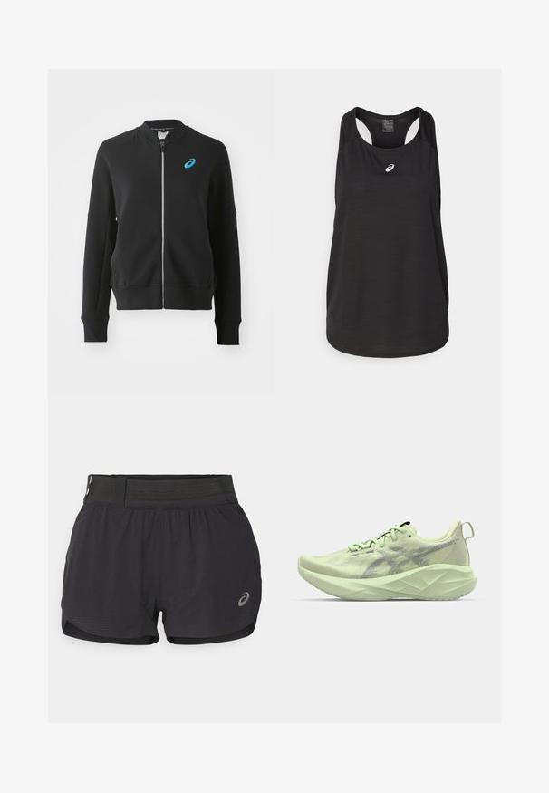 ASICS MATCH CAPSULE JACKET - Camisola com fecho - performance black; Camisola de treino preta feita de tecido leve. Apresenta um decote redondo, design de alças cruzadas e um pequeno logótipo branco na frente.; Calções de corrida pretos com uma cinta em rede, apresentando uma textura suave, comprimento curto e um pequeno logo no lado inferior direito.; Sapato atlético verde claro com parte superior em malha, detalhes texturizados e uma sola espessa e angular para maior amortecimento e suporte.