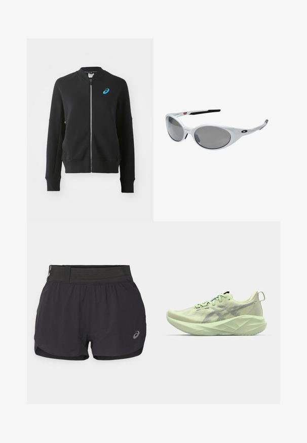 ASICS MATCH CAPSULE JACKET - Sweatjacke - performance black; Schwarzes sportliches Tanktop aus leichtem Material. Mit rundem Halsausschnitt, Racerback-Design und kleinem weißen Logo auf der Vorderseite.; Schwarze Laufshorts mit einem Mesh-Bund, die eine glatte Textur, eine kurze Länge und ein kleines Logo auf der unteren rechten Seite aufweisen.; Hellgrüner Sportschuh mit einem Obermaterial aus Mesh, strukturierten Akzenten und einer dicken, kantigen Sohle für verbesserte Dämpfung und Unterstützung.; Weiße Kunststoff-Sonnenbrille mit großen, ovalen Gläsern in grauer Tönung. Verfügt über schwarze Ohrpolster und ein kleines Logo am Rahmen. Glatte Oberfläche.