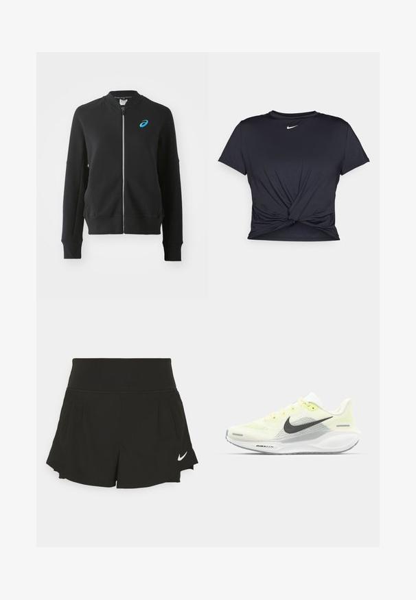 ASICS MATCH CAPSULE JACKET - Sudadera con cremallera - performance black; Camiseta atlética negra hecha de tela suave, con un diseño de nudo en la parte delantera y un pequeño logo blanco de Nike en el pecho.; Shorts deportivos negros con una cintura ancha, detalles plisados, dobladillo curvado y el logo de Nike en blanco en la parte inferior derecha.; Zapatillas de correr Nike con una parte superior de malla en amarillo claro y blanco, detalles en gris y una suela de goma flexible. Cuenta con un cierre de cordones.