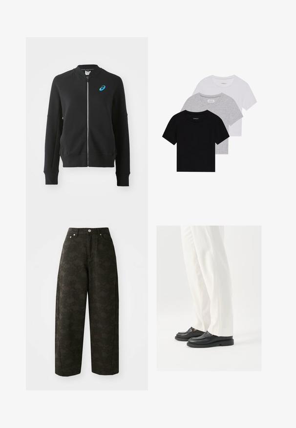 ASICS MATCH CAPSULE JACKET - Užtrauktuku užsegamas treningas - performance black; Trijų trumpomis rankovėmis marškinėlių rinkinys juodos, pilkos ir baltos spalvos. Pagaminti iš medvilnės, turi apvalų iškirpimą ir paprastą, vientisos spalvos dizainą.; Tamsiai žaliai platūs kelnių modeliai turi tekstūrinį gėlių raštą, penkias kišenes ir metalinius mygtukus juosmens srityje.; Juodi odiniai loafersai su lygia tekstūra, siuvinėjimo detalėmis ir apvaliu pirštu, derinami su baltais pritaikytais kelniais.
