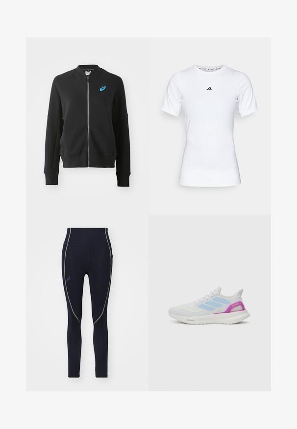 ASICS MATCH CAPSULE JACKET - Cipzáras pulóver - performance black; Fehér sportpóló, rövid ujjú, sima, rugalmas anyagból készült. Kicsi fekete Adidas logó található a mellkasán.; Tengerészkék, magas derekú leggings rugalmas anyagból, zöld varrással és Asics logóval a bal oldalon.; adidas Performance PUREBOOST 5 - Utcai futócipők - white/glow blue/purple burst