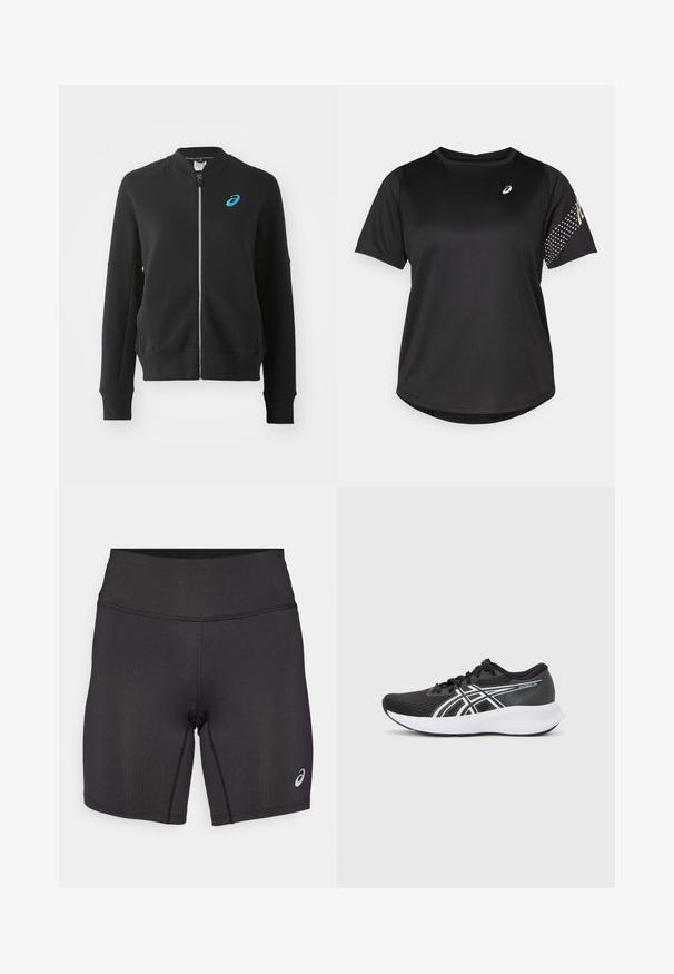 ASICS MATCH CAPSULE JACKET - Zip-up sweatshirt - performance black; Black athletic t-shirt, short sleeves, round neckline, featuring textured fabric and dotted accents on the right sleeve. Logo on the chest.; Black athletic shorts with a smooth texture, fitted design, and a high waistband. Features contrasting stitching and a small logo on the lower leg.; Black athletic shoes with a textured mesh upper, white accents, and a cushioned white sole. Features a logo on the side and laces.
