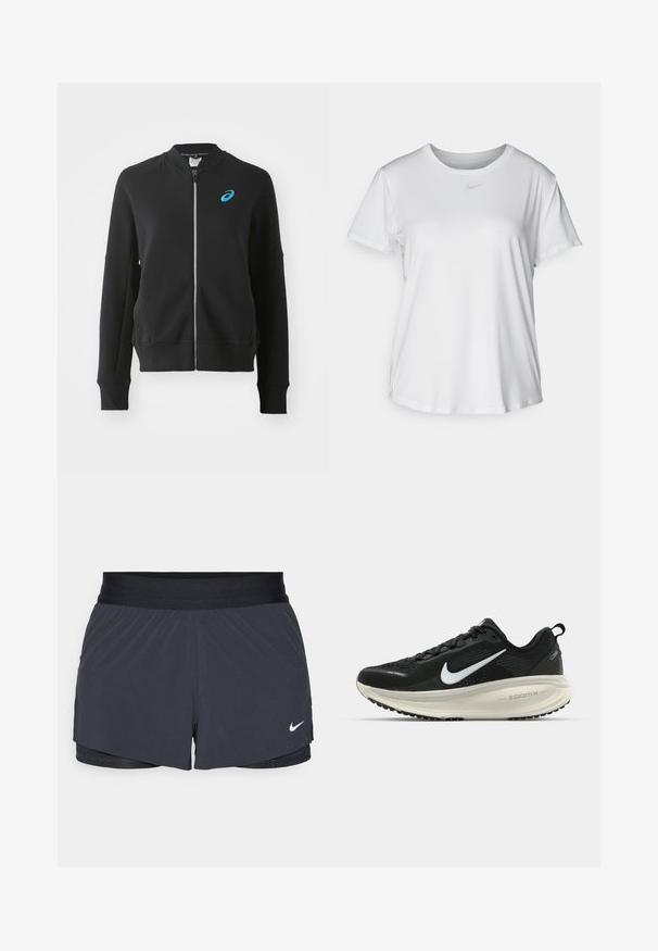 ASICS MATCH CAPSULE JACKET - Bluză de molton cu fermoar - performance black; Tricou alb cu mânecă scurtă, confecționat dintr-un material neted, având guler rotund și un mic logo Nike gri pe piept.; Shorts atletici negri, cu un elastic la talie, având un design stratificat și un mic logo alb Nike în partea stângă jos. Material ușor.; Pantofii de alergare negri de la Nike, cu parte superioară din plasă respirabilă, logo-ul alb Swoosh, detalii texturate și o talpă intermediară ZoomX de culoare crem.