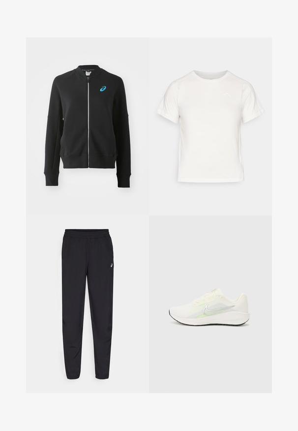 ASICS MATCH CAPSULE JACKET - Mikina so zipsom - performance black; Ľahké biele tričko s krátkymi rukávmi, okrúhlym výstrihom a malým logom v hornom ľavom rohu. Hladká tkanina s miernym leskom.; Čierne športové nohavice s elastickým pásom, zúženými nohavicami so zátkami, vyrobené z ľahkého, hladkého materiálu, a malým logom na stehne.; Nike Performance DOWNSHIFTER 13 - Cestná bežecká obuv - sail/silver-coloured photon dust/summit white/barely volt/black
