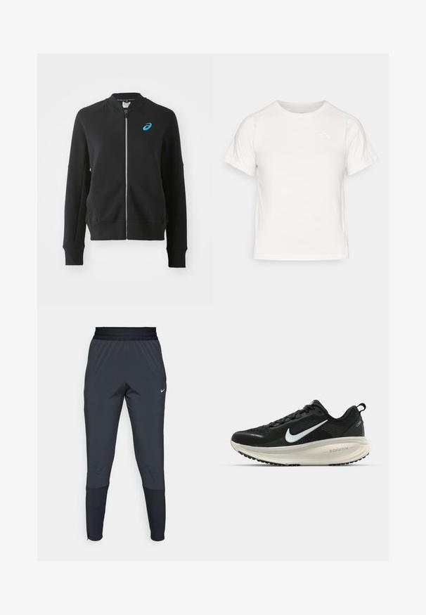 ASICS MATCH CAPSULE JACKET - Tröja med dragkedja - performance black; Lätt vit T-shirt med korta ärmar, rund hals och en liten logotyp i det övre vänstra hörnet. Slät tyg med en subtil lyster.; Nike träningbyxor i mörkgrått, med en tapered ben-design, elastisk midja och accentdetaljer nära muddarna.; Svart Nike löparsko med andningsbart mesh-ovandel, vit swoosh-logotyp, texturerad detaljering och en krämfärgad ZoomX-mellansula.