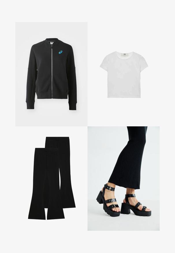 ASICS MATCH CAPSULE JACKET - Sweatjacke - performance black; Weißes T-Shirt mit kurzen Ärmeln und Rundhalsausschnitt, aus weicher Baumwolle gefertigt, mit einem schlichten, sauberen Design ohne sichtbare Muster oder Akzente.; Schwarze, ausgestellte Hose aus elastischem Stoff, mit hohem Bund und glatter Textur, die eng anliegt und ab dem Knie ausgestellt ist.; Schwarze Plattform-Sandalen mit robusten, profilierten Sohlen und mehreren Riemen, ausgestattet mit metallischen Schnallen und einer glatten, lederähnlichen Textur.