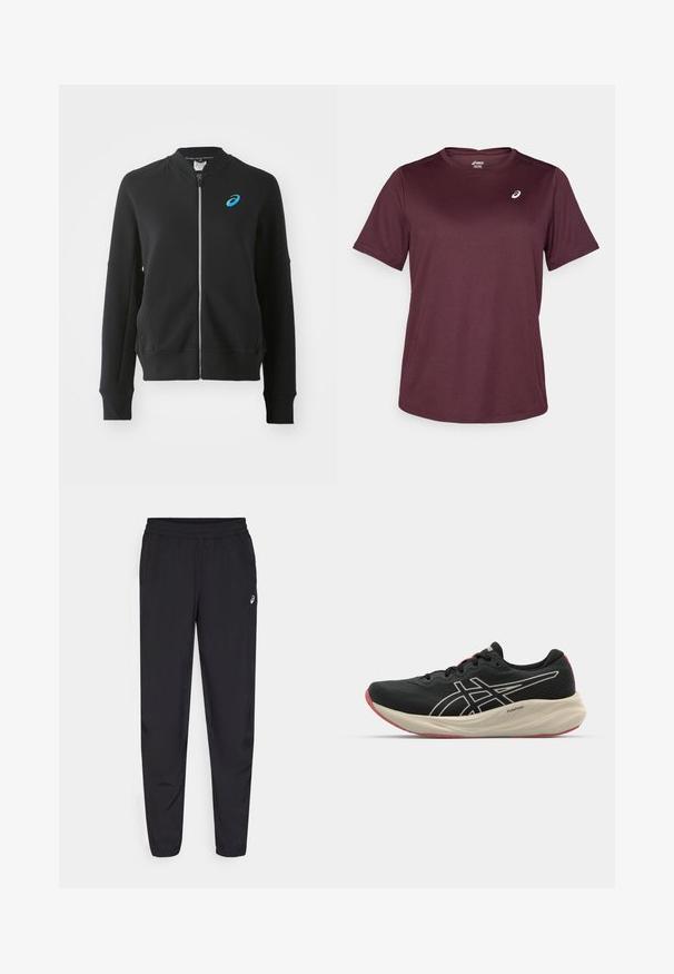 ASICS MATCH CAPSULE JACKET - Sweatjacke - performance black; Bordeauxfarbenes Sport-T-Shirt aus atmungsaktivem Material, mit kurzen Ärmeln und rundem Halsausschnitt, sowie einem kleinen Logodetail auf der Brust.; Schwarze Sporthosen mit einem elastischen Bund, schmal zulaufenden Beinen mit Bündchen, aus leichtem, glattem Material und einem kleinen Logo am Oberschenkel.; Schwarzer Sportschuh mit einem Obermaterial aus Mesh und weißen Akzenten. Verfügt über eine gepolsterte Mittelsohle und ein rotes Außensohlen-Detail. Leichtes Design.