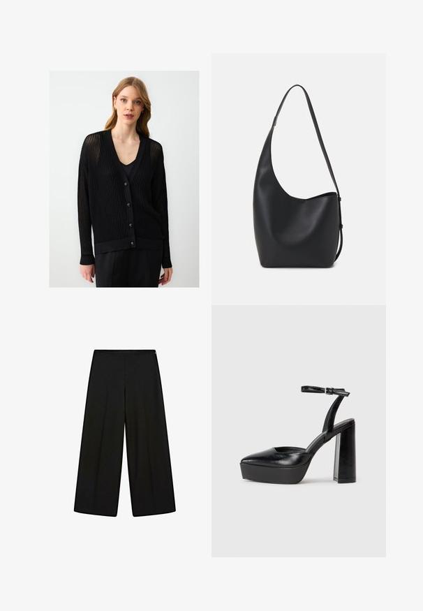 Kobieta o jasnobrązowych włosach, ubrana w czarny kardigan z fakturą na guziki nad czarną bluzką, stoi na jednolitym jasnym tle.; Massimo Dutti - Top; Czarne, szerokie spodnie z miękkiego materiału, z wysokim stanem i plisami, o gładkiej fakturze i bez widocznych ozdób.; Czarne platformy na wysokim obcasie z szpiczastym noskiem i regulowanym paskiem na kostkę. Wykonane z gładkiej skóry, z grubym słupkowym obcasem.; Czarna skórzana torba hobo o gładkiej fakturze, zaokrąglonym kształcie i pojedynczym, regulowanym pasku; posiada szerokie otwarcie na górze.