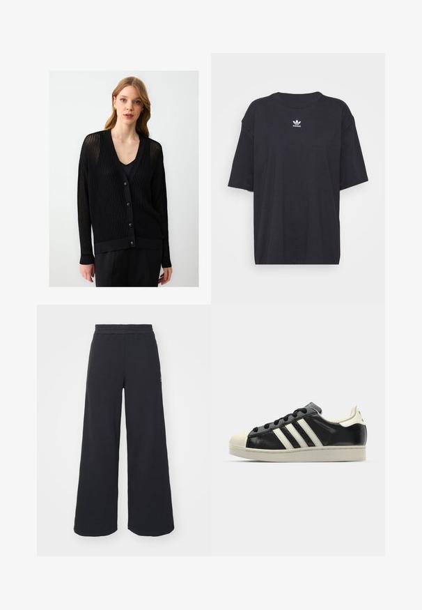 Donna con capelli castano chiaro che indossa un cardigan nero strutturato con bottoni sopra una maglietta nera, in piedi contro uno sfondo leggero e uniforme.; T-shirt in cotone nero con maniche corte, scollatura rotonda, presenta un logo bianco Adidas sul petto. Design semplice, vestibilità rilassata.; Pantaloni felpati neri a gamba larga realizzati in tessuto morbido, con un elastico in vita e un piccolo logo sul lato sinistro.; Sneaker in pelle nera con strisce bianche, punta in gomma, lacci neri e suola di colore crema. Texture liscia con finitura brillante.