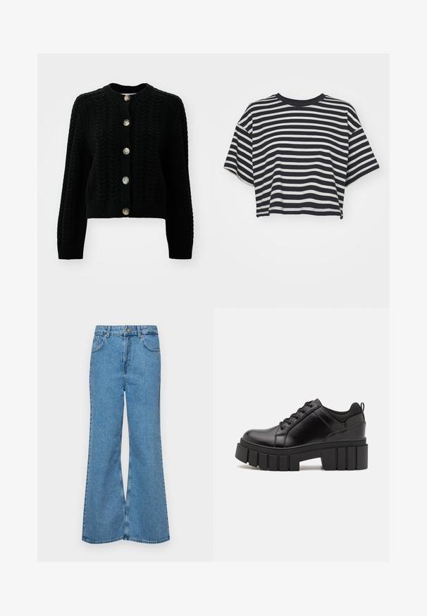 Selected Femme SLFBIRTE CABLE CROPPED - Cardigan - black; Ribbet cropped t-shirt i navy og hvid. Korte ærmer, rund halsudskæring, blødt stof med vandrette striber og en afslappet pasform.; Lysblå flagrende jeans lavet af denim, med høj talje, fem lommer og en enkelt knaplukning. Blød tekstur med en falmet finish.; Sorte læder platform sko med en klodset blokhæl, rund tå og traditionelt snøredesign. Har en glat tekstur og minimal detaljering.