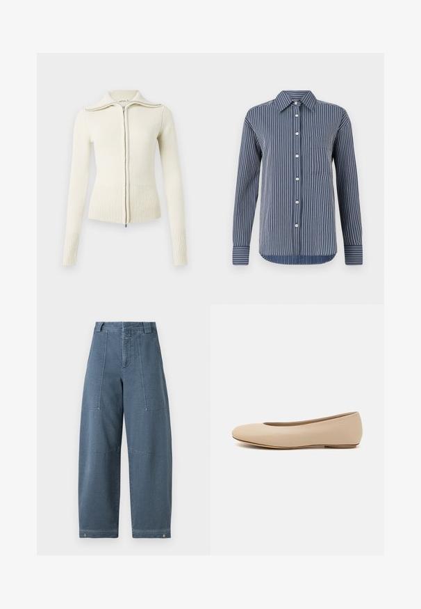 Gebreide crèmekleurige trui met een ritssluiting aan de voorkant, geribbelde manchetten en zoom. Heeft een hoge kraag en een gladde textuur. Eenvoudig, nauwsluitend ontwerp.; Overhemd met knopen in marineblauw en witte strepen, lange mouwen, een enkele borstzak en een klassieke kraag, gemaakt van lichtgewicht stof.; Denim wijde broek in een lichtblauwe tint, met een gestructureerd oppervlak, twee voorzakken en duurzame stiksels aan de zoom.; Beige leren ballerina met een ronde neus, minimale naaidetailing, lage hak en subtiel logo op de achterkant. Gladde, matte textuur.