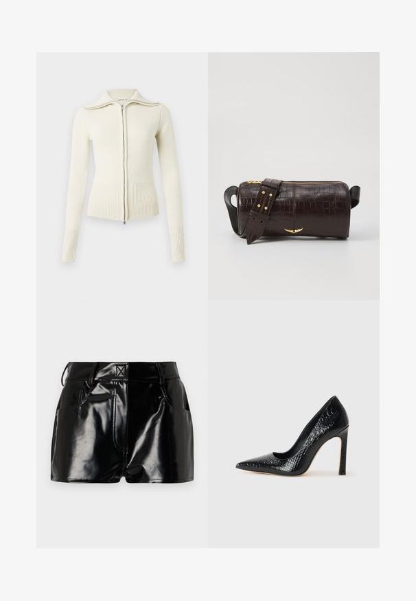 Kootud kreemjas kampsun, millel esiküljel tõmblukk, soonilised mansetid ja alumine serv. Omab kõrget kraed ja sileda tekstuuri. Lihtne, keha järgnev disain.; Valge pika varrukaga särk, millel on vormitud disain. Iseloomustab suur krae, ees nupuga sule avamine pruunide nuppudega ja väike broderi logo.; Mustad, läikivad lühikesed püksid sünteetilisest materjalist. Omab kitsast piha, vöölõike ja esimesi taskuid, millel on silmapaistvad õmbluse detailid.; Mustan teravaotsaga kõrge kontsaga king, millel on krokodillimustriga tekstuur, stiilne disain, kõrge stilettokonts ja sile must sisesisustus.; Pruunist krokodillimustrist nahast kott, millel on silindri kuju, kuldse tooni metalldetailid ja eemaldatav rihm, kus on nupud.