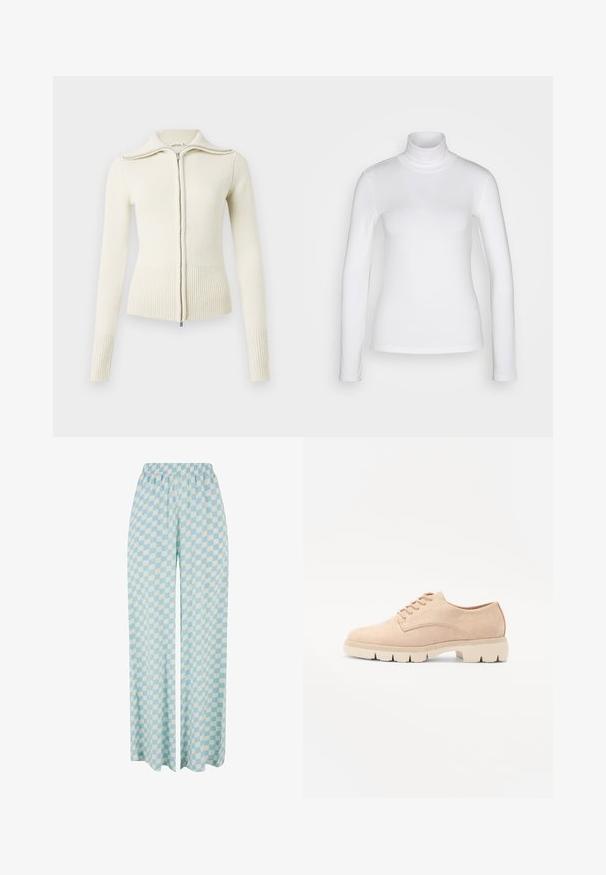 Pleteni kremasti džemper s patentnim zatvaračem sprijeda, rebrastim manšetama i rubom. Ima visoki ovratnik i glatku teksturu. Jednostavan, prianjajući kroj.; Bijela majica s dugim rukavima i visokim vratom od glatkog, rastezljivog materijala. Ima uski kroj i visoki ovratnik. Nema vidljivih uzoraka ili detalja.; Svijetloplave široke hlače s kariranim uzorkom u izmjeničnim nijansama, s elastičnom waistbandom za udobnost.; Bež antilop cipele na vezivanje s okruglim vrhom, teksturiranim gornjim dijelom i debelim krem pjenastim potplatom s izraženim uzorkom za bolje prianjanje.