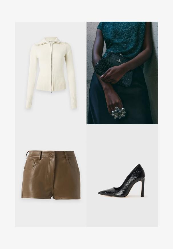 Krémový pletený svetr se zipem vpředu, žebrovanými manžetami a lemem. Má vysoký límec a hladkou texturu. Jednoduchý, přiléhavý střih.; Bílé tričko s dlouhým rukávem vyrobené z žebrované bavlny, s kulatým výstřihem a rovnými lemy. Jednoduchý design bez vzorů nebo akcentů.; Hnědé šortky z umělé kůže s přiléhavým střihem, pasem s poutky na opasek, předními kapsami a viditelnými švy.; Černý lodičkový bot s špičatou špičkou, pokrytý texturou krokodýlí kůže, s elegantním designem, vysokým stiletto podpatkem a hladkým černým interiérem.; Černá kabelka ve tvaru psaníčka s krokodýlím vzorem a stříbrným kováním, držena proti texturovanému šedému pozadí. Vyznačuje se lesklým povrchem.; Pár nepravidelných oválných náušnic z kovu pozlaceného zlatem s texturovaným, mírně kladivkovým povrchem na bílém pozadí.