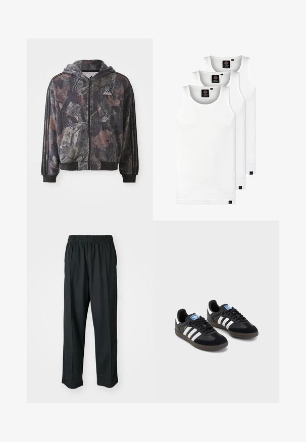 Hettejakke med glidelås som har et camouflagemønster med brune og svarte bladdetaljer, svarte mansjetter og tre svarte striper på ermene.; Tre hvite ribbestrikkede tank topper laget av bomull. Har en rund hals og små svarte etiketter nær kanten. Tilgjengelig i flere størrelser.; Sorte idrettsbukser med elastisk midje, laget av glatt stoff, med subtile sidesømmer og en avslappet passform, rett ben-design.; Svarte sneakers med overdel i semsket lær og syntetisk materiale, med tre hvite striper, strukturert gummisåle og blå logoetikett på tungen.