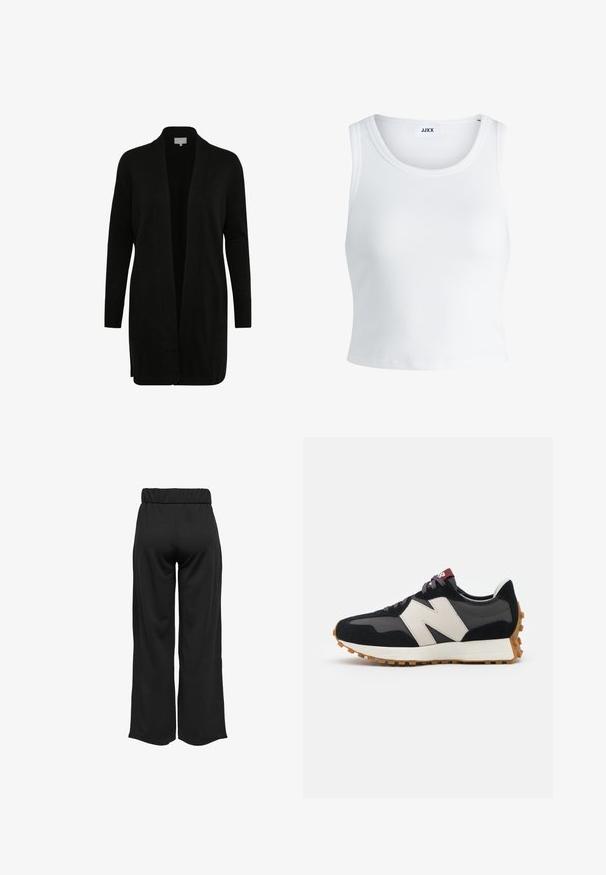 Czarny kardigan z otwartym przodem, długimi rękawami, prążkowanymi mankietami i gładką teksturą. Prosty design bez widocznych wzorów czy akcentów.; Biały prążkowany top na ramiączkach z okrągłym dekoltem, bez rękawów i skróconej długości. Metka z napisem "JJXX." Gładka faktura materiału.; Czarne, szerokie spodnie z elastycznym pasem, wykonane z gładkiego materiału. Charakteryzują się prostym wzornictwem, bez kieszeni i widocznych szwów.; Czarno-szare zamszowe sneakersy z dużym kremowym logo "N", purpurowymi sznurówkami i teksturowaną gumową podeszwą.