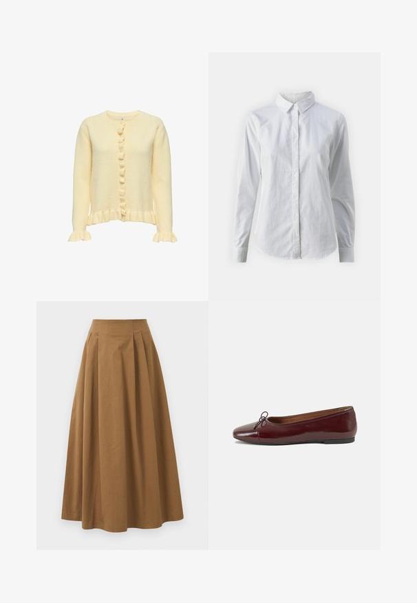 Cardigan en tricot jaune avec un col rond, un ourlet côtelé, des poignets volantés et une fermeture à boutons avec des boutons décoratifs sur le devant.; Chemise blanche à manches longues en coton lisse, dotée d'un col classique et d'un ourlet arrondi. Les boutons sont petits et blancs.; Jupe A-line en coton brun avec taille haute, dotée de plis sur le devant et d'une texture lisse. Les finitions de l'ourlet sont nettes et simples.; Ballerines en cuir verni bordeaux avec un bout rond, un petit nœud décoratif à l'avant et une semelle en caoutchouc noire basse. Texture lisse.