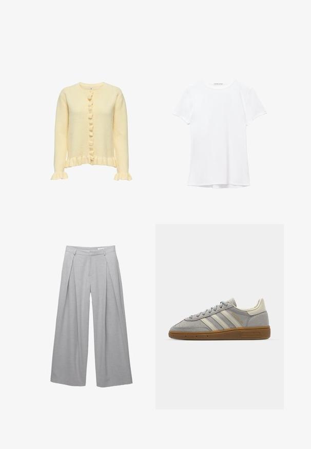 Keltainen neulottu villatakki, jossa on pyöreä pääntie, ribattu helma, röyhelöhihansuut ja nappikiinnitys, jossa on koristeellisia nappeja edessä.; Valkoinen lyhythihainen t-paita, joka on valmistettu sileästä kankaasta, ja jossa on pyöreä pääntie sekä hillityt ompelutiedot helmassa.; Vaaleanharmaat leveät housut, jotka on valmistettu teksturoidusta kankaasta. Housuissa on etupleaatit, vyölenkit ja muotoiltu vyötärö. Ei näkyviä sulkemisia.; Harmaat mokka-tennarit, joissa on vaaleanharmaat nahkaviivat ja kumipohja. Ominaisuuksiin kuuluvat nauhakiinnitys ja huomaamaton brändäys kielen kohdalla.