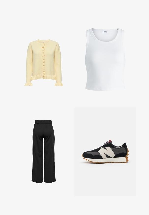 Cardigan en tricot jaune avec un col rond, un ourlet côtelé, des poignets volantés et une fermeture à boutons avec des boutons décoratifs sur le devant.; Débardeur blanc côtelé avec un col rond, sans manches et d'une longueur cropped. L'étiquette indique "JJXX". Texture du tissu lisse.; Pantalons noirs à jambes larges avec une taille élastique, fabriqués à partir d'un tissu lisse. Présente un design épuré sans poches ni détails de couture visibles.; Baskets en suede noir et gris avec un grand logo "N" couleur crème, lacets violets et semelle extérieure en caoutchouc gomme texturé.