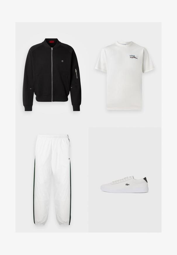 Must mustri bumbersaadiga, millel on ribitud krae, küljetaskud ja lukutasku varrukal. Rinnas on logopatch ja sellel on sile tekstuur.; Valge puuvillane T-särk ümmarguse kaelusega, lühikeste varrukatega ja väikese tikandiga logoga, millel on mäed ja tekst vasakul rinnal.; Valged sportpüksid tumeroheline külgpanelitega. Kerge materjal, elastne vöökoht ja mansetid. Külgpanelitel on võrkmuster.; Valge nahast tenniseking ümara ninaga, lukkude ja musta kontsa aktsendiga. Külgedel on väike broderi krokodilli logo.