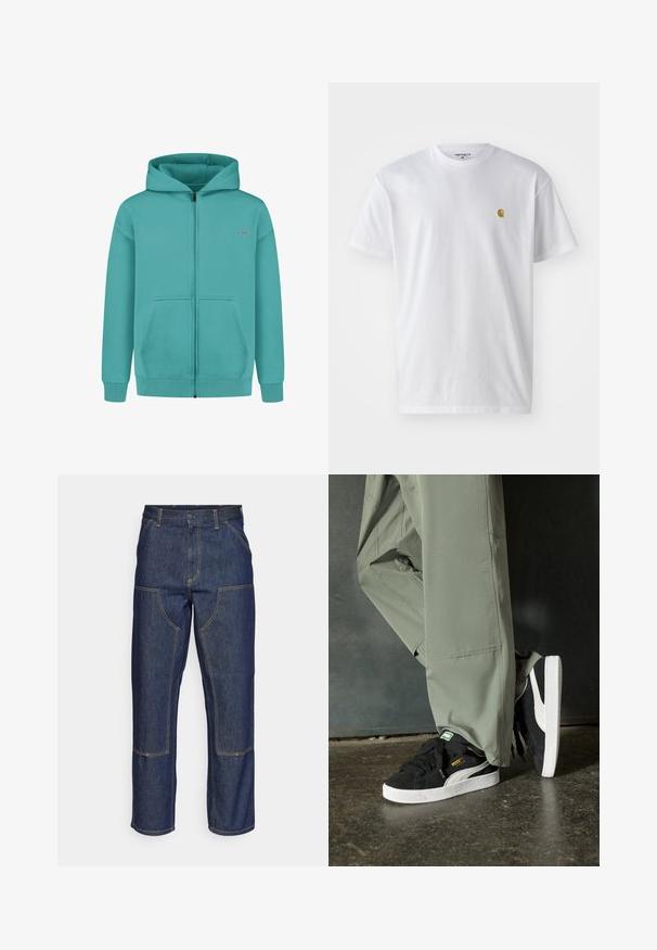 Felpa con zip color turchese realizzata in tessuto morbido, dotata di una zip frontale, due tasche frontali e polsini e orlo a coste.; T-shirt bianco in cotone con maniche corte, con colletto girocollo, caratterizzato da un piccolo logo dorato sulla parte sinistra del petto. Tessuto morbido e vestibilità regolare.; Jeans in denim blu scuro con vita alta, design a gamba dritta, cuciture a contrasto e tasche applicate sulla parte frontale.; Sneaker in suede nero con suole in gomma bianca e strisce laterali, abbinate a pantaloni cargo verde chiaro, in piedi su una superficie scura e texture.