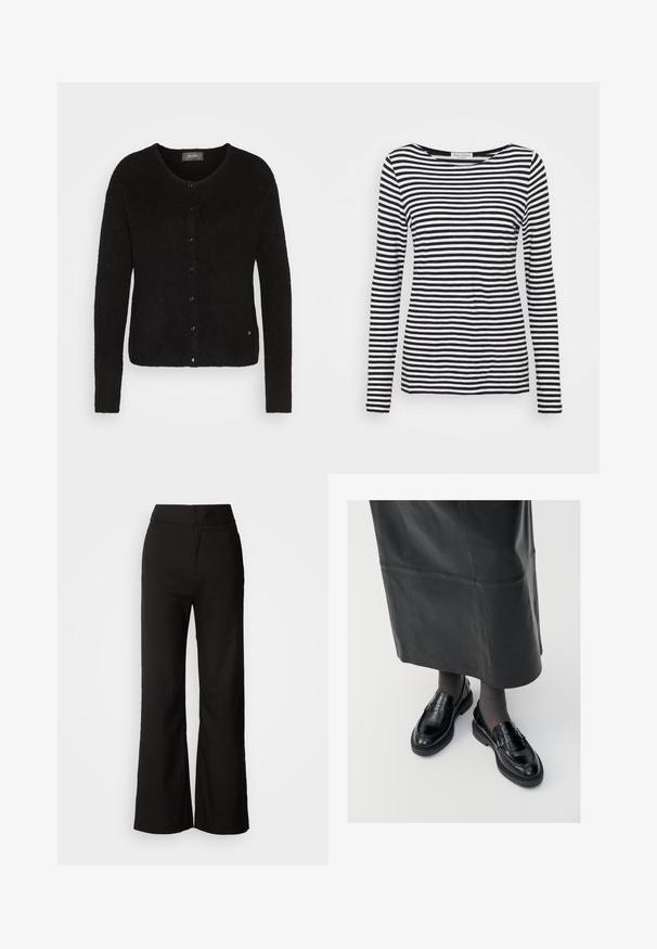 Mos Mosh MMALMINE - Kofta - black; Långärmad t-shirt med rund halsringning som har ett svartvitt randigt mönster. Tillverkad av mjukt tyg med en vanlig passform. Ren, minimalistisk design.; Svarta vida byxor med en slät textur, hög midja och en enkel design. Inga synliga fickor eller dekorationer.; Svarta läderloafers med en slät yta, prydda med en dekorativ rem, rund tå och texturerad sula. Bärs med en lång svart läderkjol.