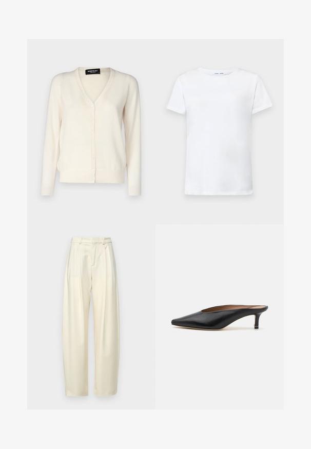 Lichtbeige cardigan van zacht gebreid stof, met een V-hals, knoopsluiting met zes knopen en lange mouwen.; Witte korte mouwen t-shirt van katoen met een ronde hals. Soepele textuur en rechte snit, zonder patronen of accenten.; Plooibare, hoge taillebroek van licht crèmekleurige stof. Heeft een rechte_snit en een soepele textuur. Geen zakken of zichtbare hardware.; Zwarte leren muiltjes met een puntige neus en een lage, blokhak. Glad oppervlak met een gestroomlijnd ontwerp. Open achterkant met minimale details.