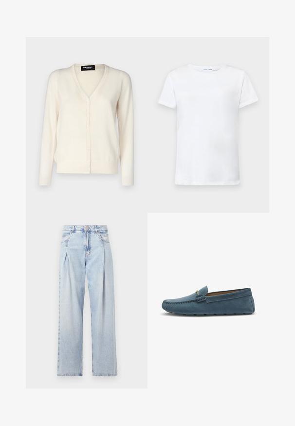 Cardigan beige chiaro realizzato in morbido tessuto a maglia, con scollatura a V, chiusura con sei bottoni e maniche lunghe.; T-shirt bianca a maniche corte in cotone con design a girocollo. Tessuto liscio e taglio dritto, senza motivi o accenti.; Jeans in denim azzurro chiaro con vita alta, taglio a gamba larga, due tasche laterali e design plissettato. Texture morbida con una finitura sbiadita.; Mocassini in suede blu con suola piatta, caratterizzati da un design cucito lungo i bordi e un accento metallico decorativo nella parte anteriore.