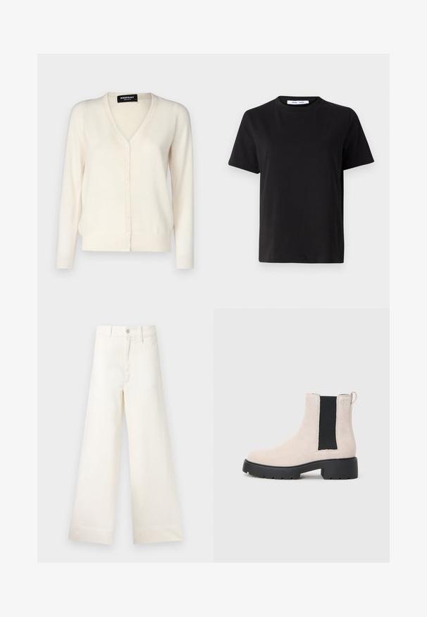 Svijetlosmeđi kardigan od mekog pletenog materijala, s V-izrezom, zatvaranjem na gumbe s šest gumba i dugim rukavima.; Crna kratka majica s kratkim rukavima od mekanog pamuka, s okruglim izrezom, opuštenim krojem i glatkom teksturom. Nema vidljivih uzoraka ili grafike.; Hlače širokih nogavica u svijetloj bež pamučnoj tkanini. Imaju visoki struk, prednje džepove i ravni kroj. Čista obruba bez uzoraka.; Bež nubuk Chelsea čizme s crnim elastičnim bočnim panelom, debelim crnim đonom i trakicama za povlačenje na članku.