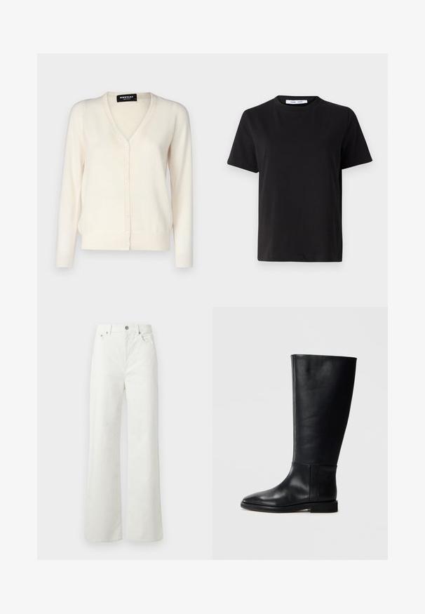 Light beige cardigan made of soft knit fabric, featuring a V-neck, button closure with six buttons, and long sleeves.; Black short-sleeve t-shirt made of soft cotton, featuring a round neckline, relaxed fit, and a smooth texture. No visible patterns or graphics.; Samsøe Samsøe SHELLY - Relaxed fit jeans - clear cream; Black leather knee-high boot with a rounded toe, smooth texture, minimalistic design, and a flat sole. Simple seam details on the shaft.
