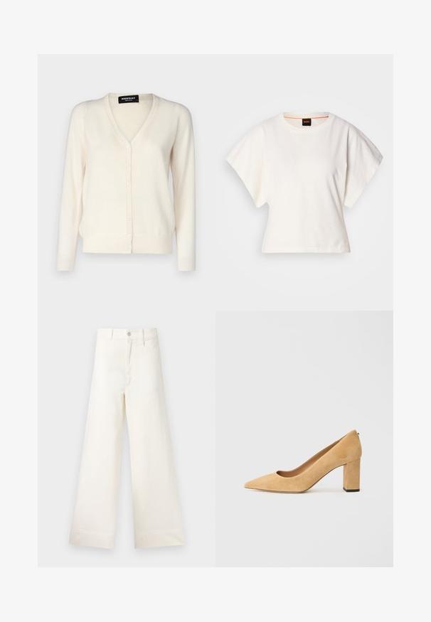 Šviesiai smėlinis megztinis pagamintas iš minkštos mezginio medžiagos, su V formos iškirpte, šešių mygtukų užsegimu ir ilgomis rankovėmis.; Baltas trumpas marškinėliai, plačios trumpomis rankovėmis, minkšta medvilnė, apvali kaklo iškirptė su subtiliu oranžiniu apvadu, minimalus dizainas, be raštų ar grafikų.; Platus kojų kelnes šviesiai smėlio spalvos medvilnės. Aukšta juosmens linija, priekinės kišenės ir tiesus kirpimas. Švarus apvadas be raštų.; Bežiniai zomšiniai aukštakulniai bateliai su smaigaliu ir masyviu blokiniu kulnu. Medžiaga turi švelnų tekstūrą ir lygią apdailą.