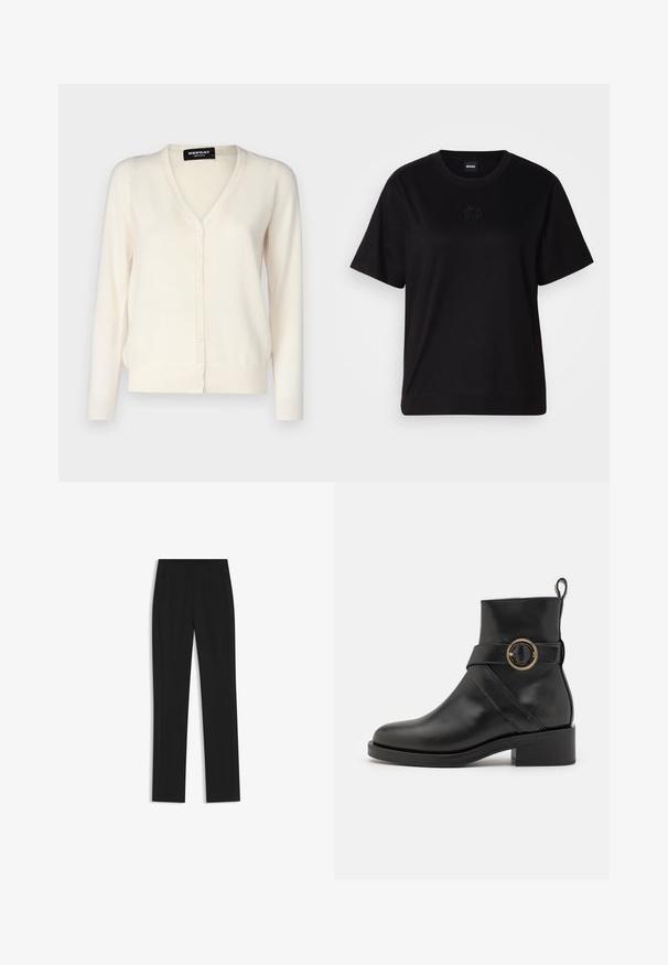Hellbeige Strickjacke aus weichem Strickstoff, mit V-Ausschnitt, Knopfschluss mit sechs Knöpfen und langen Ärmeln.; Schwarzes Baumwoll-T-Shirt mit Rundhalsausschnitt, kurzen Ärmeln und aufgesticktem Logo auf der Brust. Einfacher, lässiger Schnitt ohne Muster.; Schwarze maßgeschneiderte Hose mit geradem Bein, ausgestattet mit Fronttaschen und einem glatten, strukturierten Stoff. Saubere, minimale Details.; BOSS IRYNA BOOTIE - Plateaustiefelette - black