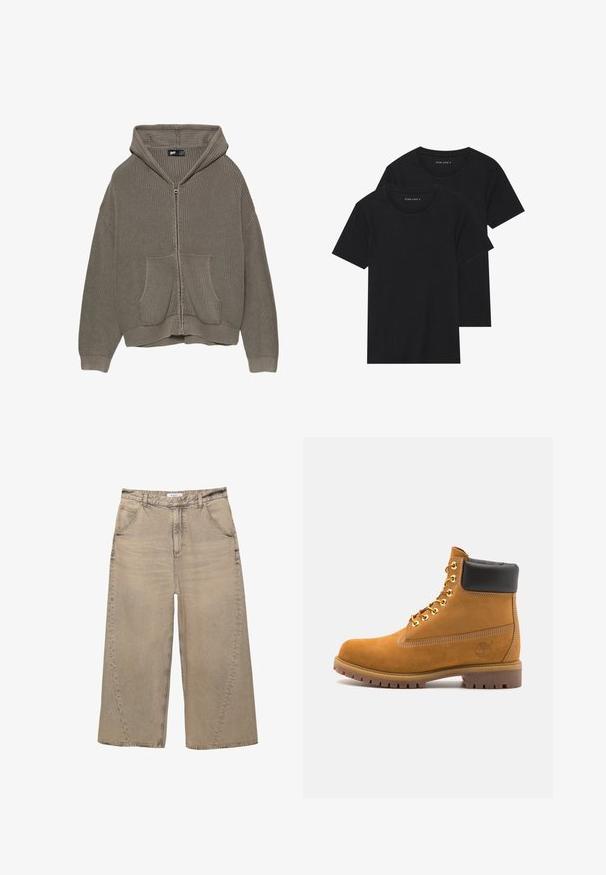 Olívazöld, bordás kötésű, kapucnis, cipzáras pulóver, elülső zsebekkel, textúrált anyaggal, és szegélyezett aljjal és mandzsettákkal.; Két fekete pamut póló, rövid ujjú, kerek nyakkivágással és sima textúrával, egymásra rakva bemutatva.; PULL&BEAR MEGA BAGGY - Túlméretezett farmernadrág - light grey; Barna velúr bokacipő fekete párnázott gallérral, arany fém fűzőlyukakkal, fehér varrási részletekkel és durva gumitalppal, amelynek kifejezett barázdái vannak.