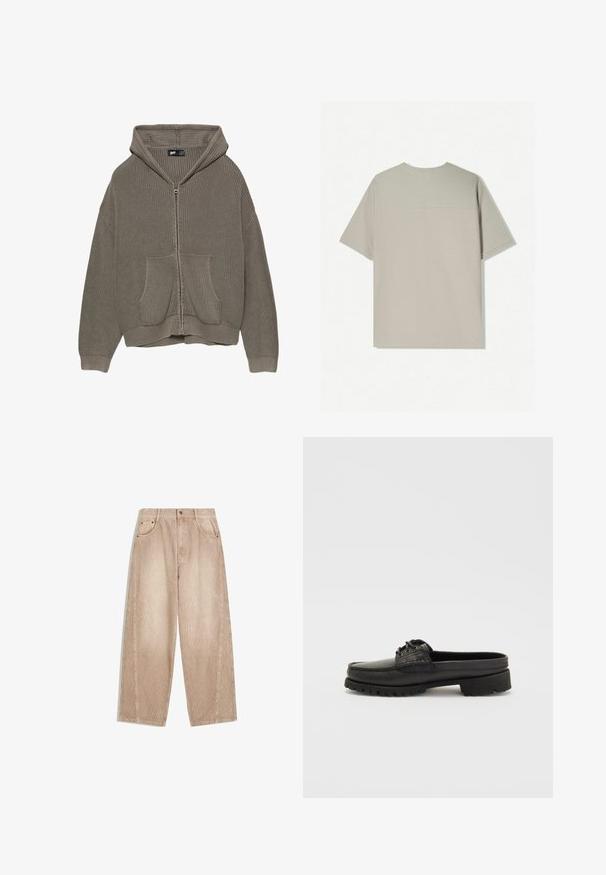 Nadvlečena zip-up dukserica v olivno zeleni barvi iz rebraste pletenine, s sprednjimi žepi, teksturirano tkanino ter obrobami na robovih in manšetah.; Bež bombažna majica s kratkimi rokavi. Ima preprost dizajn in okroglo ovratnico. Gladka tekstura z minimalnim šivom na hrbtni strani.; Bež široke hlače iz kordura z navpičnimi rebri, ki vključujejo sprednje žepe, pasne zanke in zadrgo s gumbom.; Črne usnjene čevlje brez vezalk z detajli vezalke, zaobljenim prstom in teksturiranim podplatom. Imajo rahlo dvignjen peto in gladko površino.