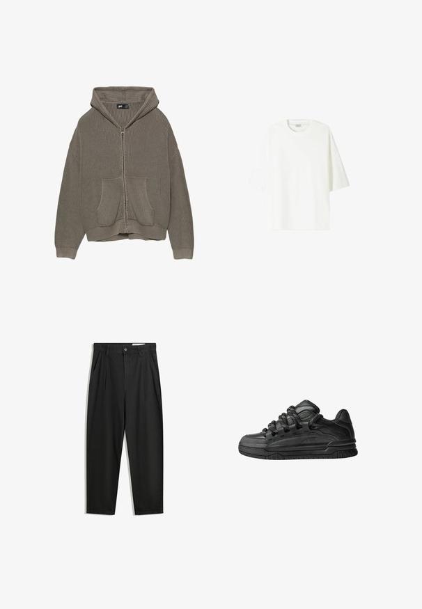 Zielona oliwkowa bluza z kapturem na zamek, wykonana z prążkowanego materiału, z kieszeniami z przodu oraz sfabrykowanym wykończeniem u dołu i na mankietach.; Biała koszulka z krótkim rękawem wykonana z bawełny, z okrągłym dekoltem i luźnym krojem oraz prostym wykończeniem hemu.; Czarne bawełniane spodnie o luźnym kroju, z klasycznym pasem, przednimi plisy oraz bocznymi kieszeniami. Gładka struktura, bez wzorów.; Czarne sneakersy z gładką skórzaną cholewką, teksturowanymi akcentami i okrągłymi czarno-białymi sznurowadłami. Gruba gumowa podeszwa z wzorzystym bieżnikiem.