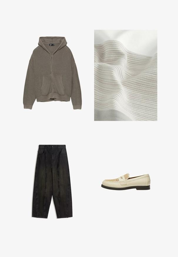 Olívazöld, bordás kötésű, kapucnis, cipzáras pulóver, elülső zsebekkel, textúrált anyaggal, és szegélyezett aljjal és mandzsettákkal.; Textúrált anyag világosszürke és tört fehér csíkokkal. Puha anyag, amely hullámos megjelenésű, kiemelve a szőtt mintát és a finom redőket.; Fekete, bőszárú farmernadrág, látható varrásokkal és rojtos szélekkel, két első zsebbel és magas derekú fazonnal.; Beige bőrcipők, fonott részletekkel az orron és lapos barna talppal. Dekoratív pánt található az elején.