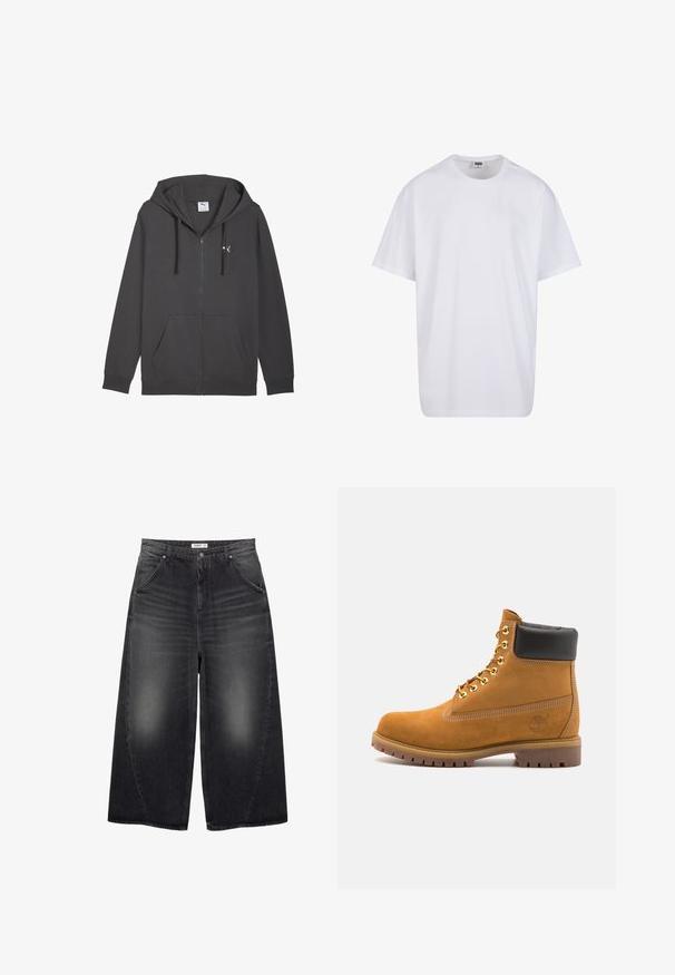 Dunkelgraue Kapuzenjacke aus Mischgewebe. Verfügt über eine geräumige Kapuze, Kordelzüge und zwei Fronttaschen. Kleines Logo-Akzent.; Weiße Baumwoll-T-Shirt mit kurzen Ärmeln, rundem Ausschnitt, lockerer Passform und ohne sichtbare Logos oder Muster. Glatte Textur und minimalistisches Design.; PULL&BEAR MEGA BAGGY - Baggy Jeans - black; Beige Wildleder-Ankle-Boot mit schwarzem gepolstertem Kragen, goldenen Metallösen, weißen Nähdetalben und einer robusten Gummisohle mit ausgeprägtem Profil.