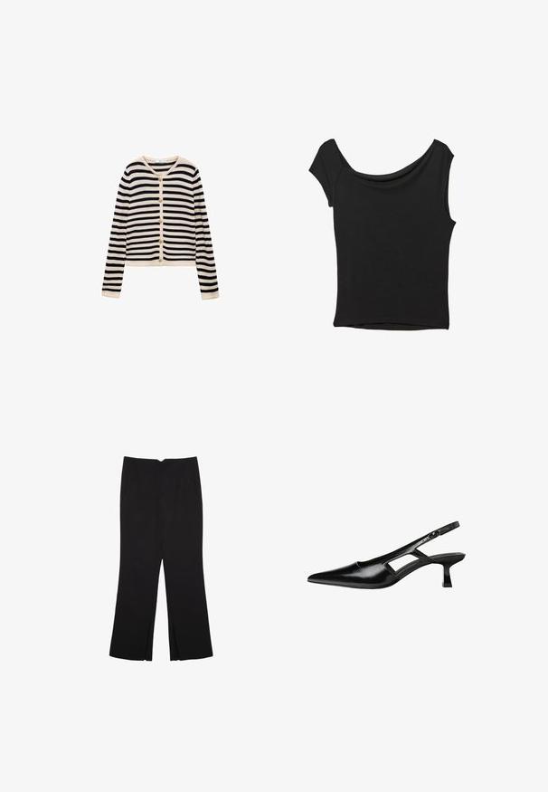 Prugasta jopica v krem in mornarsko modri barvi, z dolgimi rokavi, okroglim izrezom in zlatimi gumbi spredaj. Gladka pletenina.; Črna kratka majica s kratkimi rokavi iz gladkega blaga; ima drapiran izrez in asimetrično spodnjo rob, s prilegnjenim telesom.; Črne hlače ravnega kroja z naglavnimi žepi in stranskimi razporki na robu. Narejene iz mehke, gladke tkanine. Primerne za različne priložnosti.; Črne patentični usnjeni salonarji s slingback designom, z zašiljenim nosom, izrezanim stranskim dizajnom in majhnim kvadratnim peto. Gladka tekstura z minimalnimi detajli.