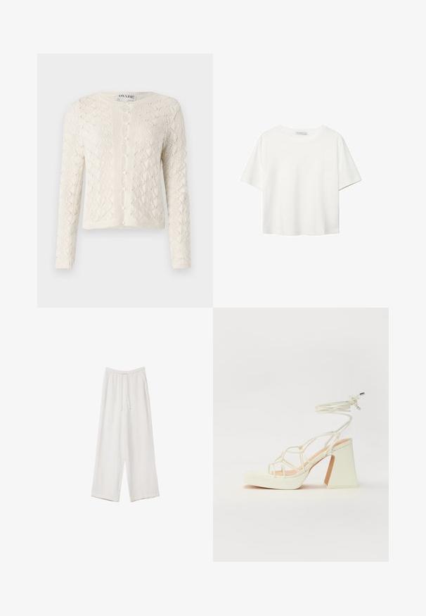 Ljus krämfärgad kofta med en strukturerad zigzag-mönster, rund krage och sex knappar framtill. Långa ärmar och ribbad nederkant.; Vit t-shirt med kort ärm i bomull. Har en rundad halsringning och en avslappnad passform. Slät textur utan synliga mönster eller detaljer.; Vita vida byxor i vid passform gjorda av ett lättviktsmaterial. Har en elastisk midja med dragsko och sidofickor. Slät textur.; Vit högklackad sandal med en kraftig klack, med ett remdesign och ankelband. Slät textur med en plattform framtill för ökad höjd.