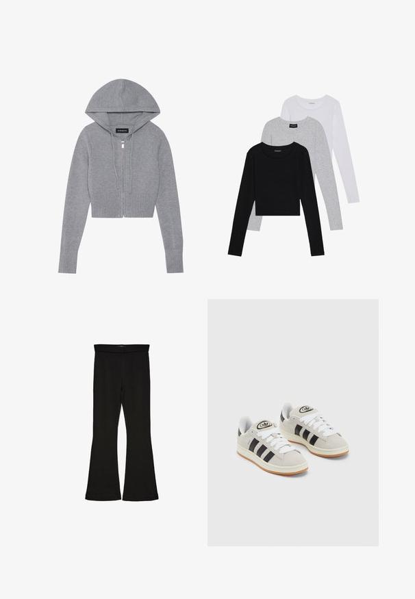 Szara, krótka bluza rozpinana na zamek w miękkim, dzianinowym materiale. Posiada kaptur, ściągacze u dołu i na mankietach oraz srebrny detal zamka.; Trzy bluzki z długim rękawem ułożone jedna na drugiej: czarna, szara i biała. Każda z okrągłym dekoltem i skróconym fasonem, wykonana z gładkiego, lekkiego materiału.; Czarne legginsy w stylu dzwonów wykonane z elastycznej tkaniny. Posiadają szeroki pas i gładką teksturę, z dopasowanym krojem, który rozszerza się ku dołowi.; Szare zamszowe trampki z białymi sznurówkami, czarnymi paskami i białą gumową podeszwą. Posiadają okrągłe logo na języku oraz gumową podeszwę.