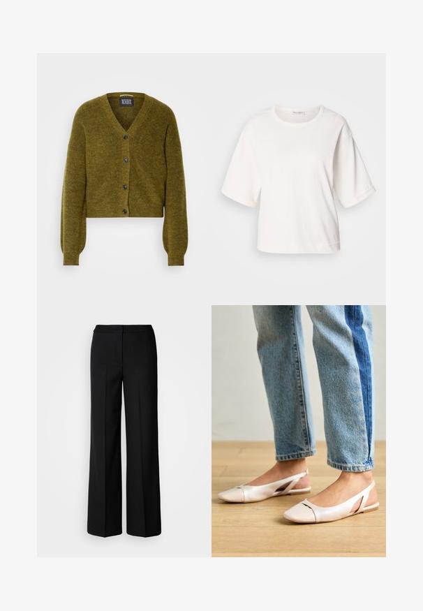 Oliivinvihreä neuleliivi V-pääntieillä, pitkät hihat ja neljä mustaa nappia edessä.; Valkoinen puuvillapaidan, jossa on rento istuvuus, lyhyet hihansuut, pyöreä kaula-aukko ja sileä pinta. Yksinkertainen, minimalistinen muotoilu.; Mustat leveät housut, joissa on sileä kangas, korkea vyötärö, muotoillut saumat ja minimalistinen muotoilu. Ei näkyvää varustusta tai taskuja.; Vaaleanpunaiset slingback-ballerinat, joissa on terävä kärki, valmistettu sileästä nahkamaisesta materiaalista. Sivujen leikkuuyksityiskohdat ja tasapohja.