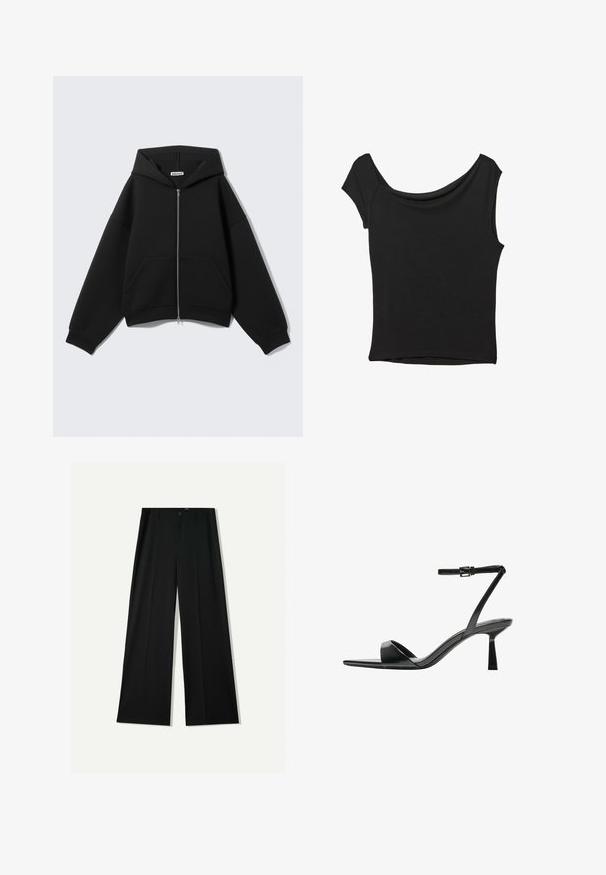 Črni skrajšani pulover s kapuco z zadrgo spredaj, velikimi žepi, debelim materialom in kapuco z vrvico. Ima rebraste manšete in rob.; Črna kratka majica s kratkimi rokavi iz gladkega blaga; ima drapiran izrez in asimetrično spodnjo rob, s prilegnjenim telesom.; Bershka WIDE - Hlače - black; Bershka Sandali z visoko peto - black
