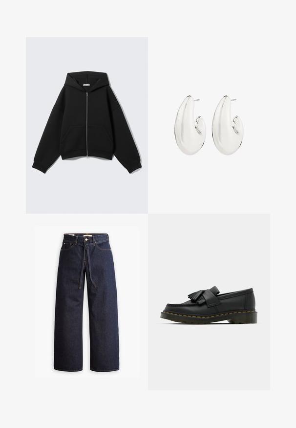 Schwarzer, kurz geschnittener Hoodie mit Reißverschluss vorne, großen Taschen, dickem Stoff und Kapuze mit Kordelzug. Verfügt über gerippte Bündchen und Saum.; Kurzärmliges, hellcremefarbenes Oberteil mit Rundhalsausschnitt, aus weichem Material gefertigt. Verfügt über eine lässige Passform und eine glatte Textur, ideal zum Übereinandertragen.; Weite, dunkelblaue Jeans aus Denim mit hoher Taille, ausgestattet mit einem Kordelzug, fünf Taschen und kontrastierenden Nähdetails.; Schwarze Lederloafers mit runder Zehenpartie, ausgestattet mit einer fransigen Detail und einem dekorativen Band, das über die Vorderseite verläuft, auf einem stabilen Absatz.; Silberfarbene Ohrringe mit einem länglichen, geschwungenen Design. Glatte, reflektierende Oberfläche mit einem durchstochenen Post-Rückteil.